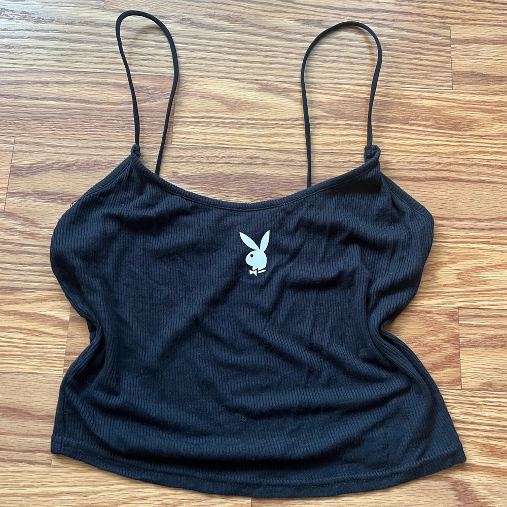 PLAYBOY Black Crop Top with Spaghetti Straps